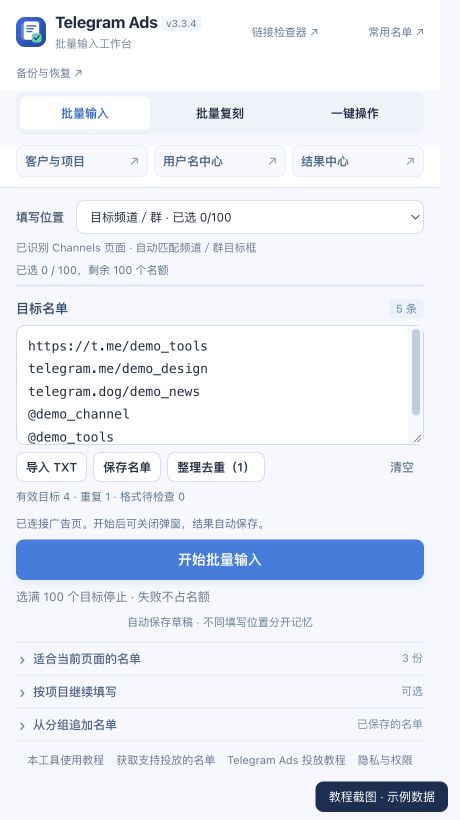 批量输入面板：自动识别 Channels，支持三种 Telegram 域名和用户名，显示重复数