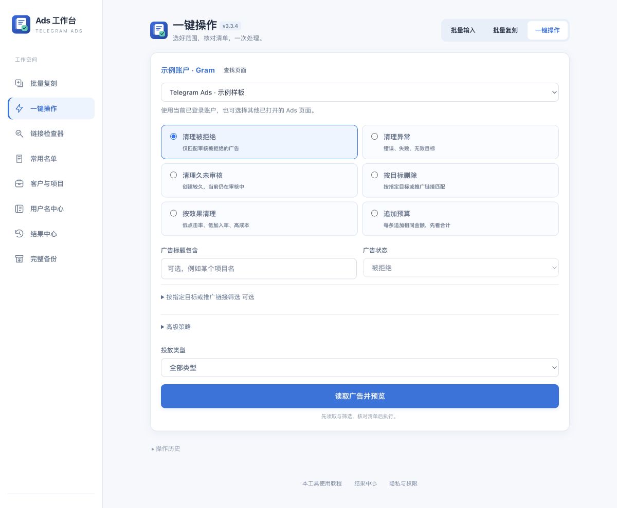 一键操作页面：清理被拒绝、异常、久未审核，按目标或效果清理，以及追加预算